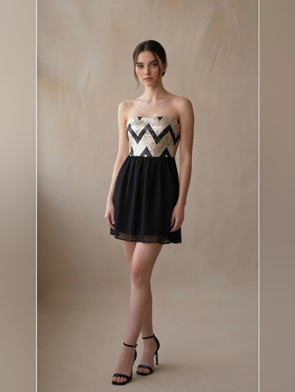 MY MICHELLE Strapless Black Dress with Gold & Black Sequin Chevron Bodice SIZE 3